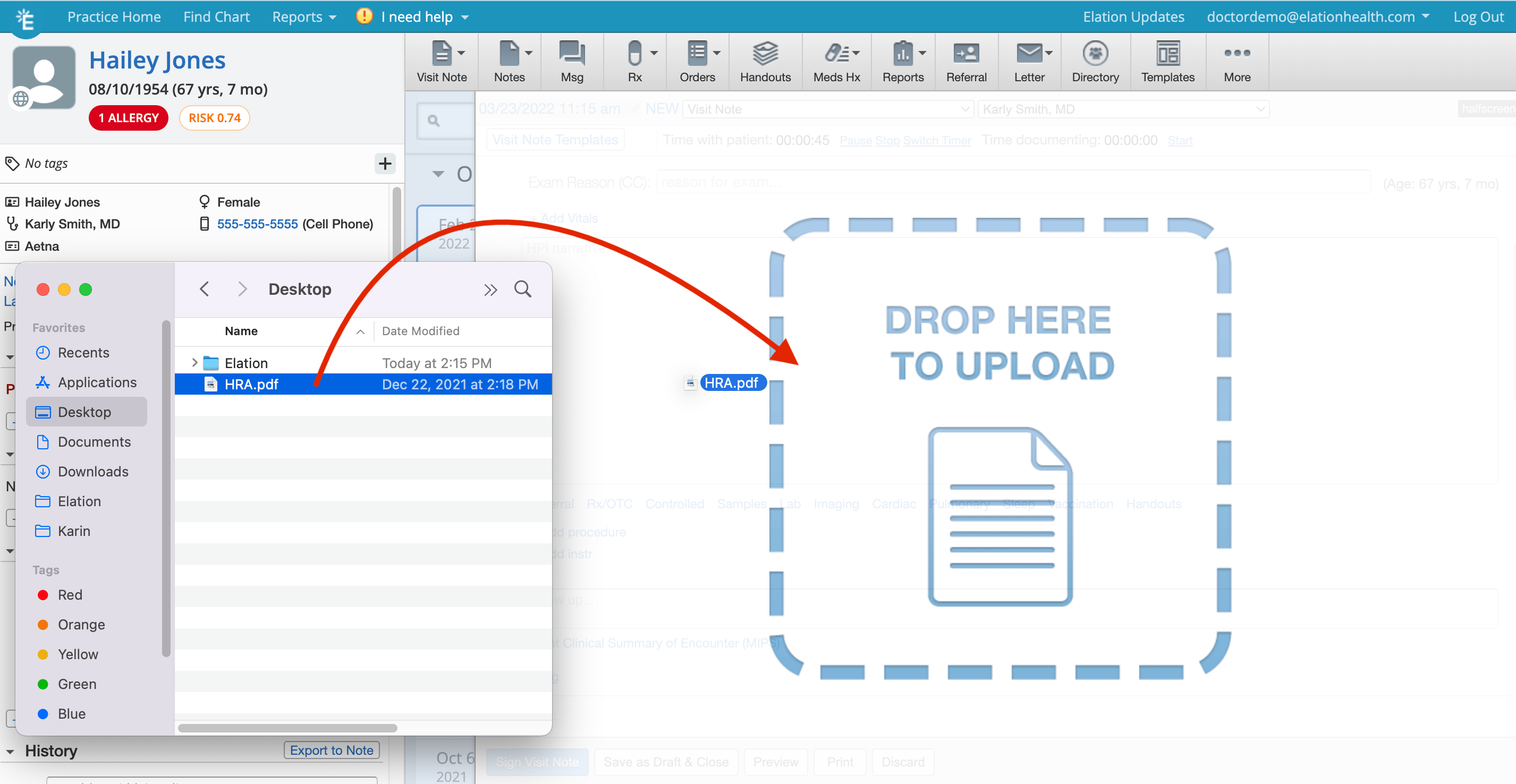 Dragging HRA.pdf from a Mac Finder window onto an open visit note in Elation, which displays a dashed "Drop Here to Upload" target zone.