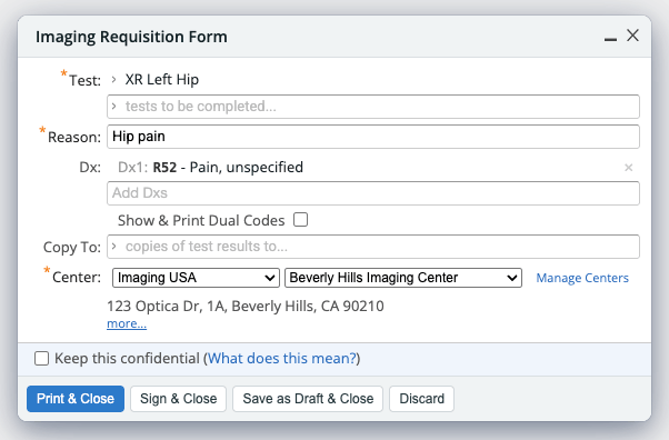 Imaging Requisition Form with the Center field highlighted and a "Manage Centers" link to the right of the imaging center dropdown.