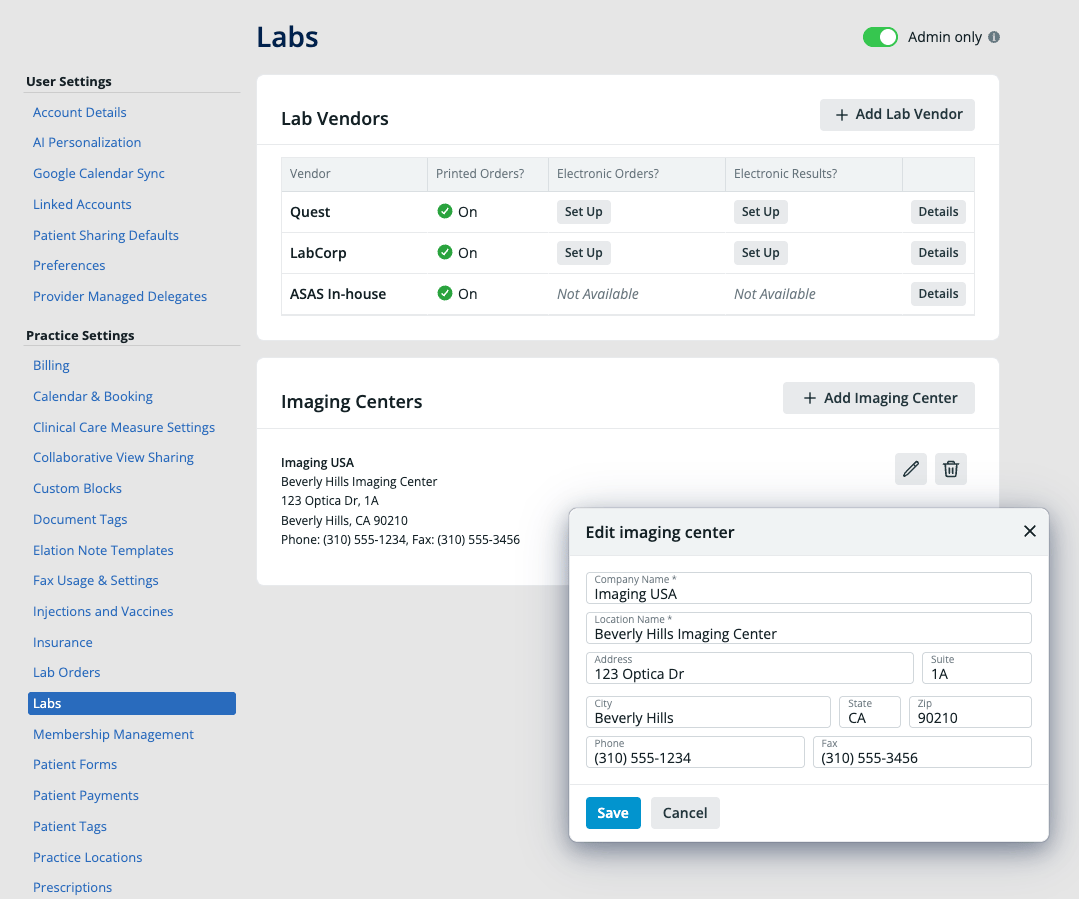 Settings > Labs page showing the Imaging Centers section with an existing entry and the Edit imaging center dialog open, including Company Name, Location Name, Address, Suite, City, State, Zip, Phone, and Fax fields.