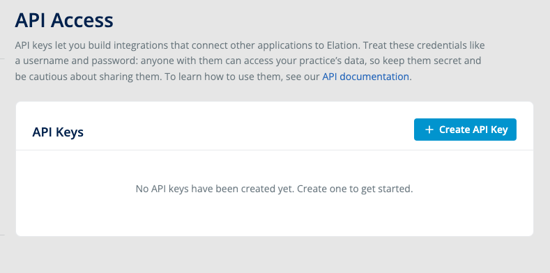 API Access page with no keys created