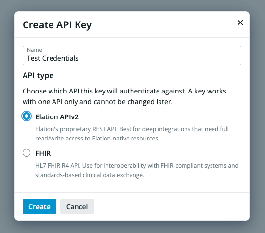 Create API Key dialog showing name and API type selection