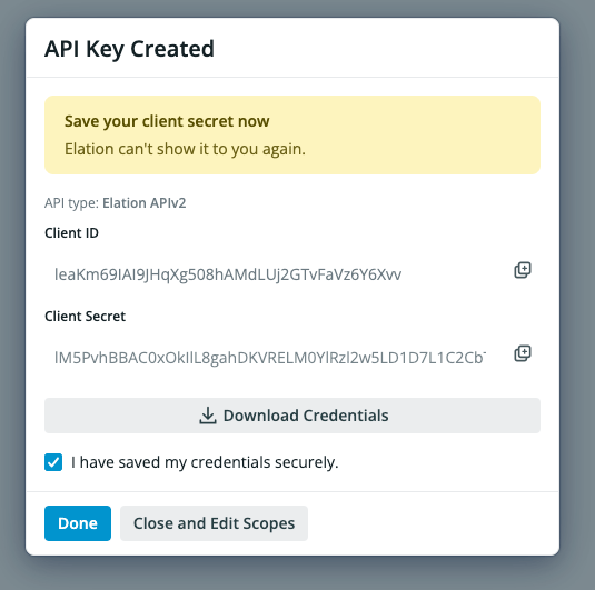 API Key Created dialog showing Client ID and Client Secret