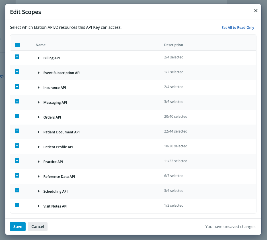 Edit Scopes dialog showing scope categories with selection counts