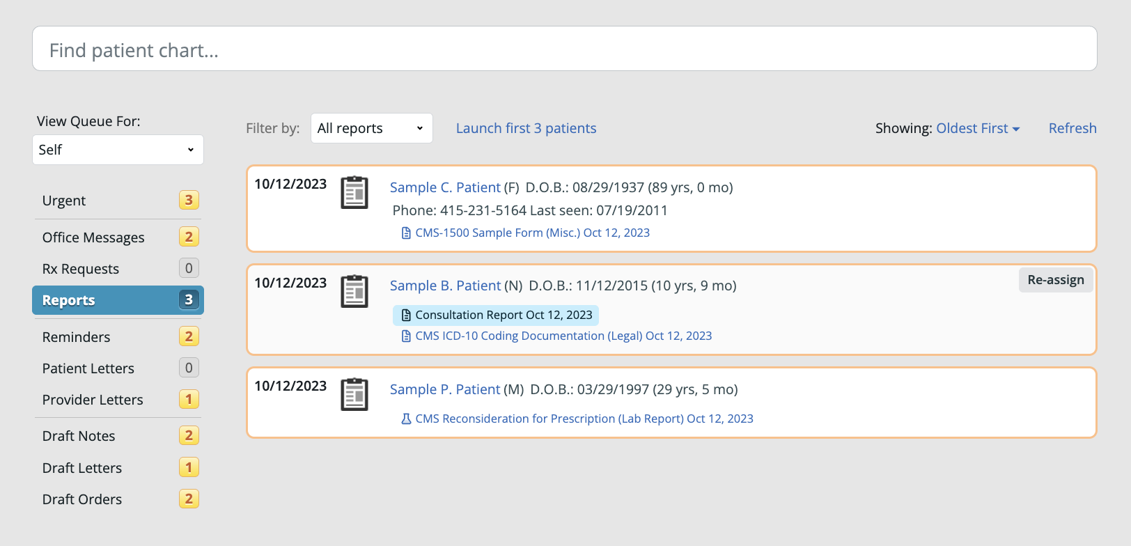 Reports queue in Practice Home showing three patients, each with a separate report link below their name — for example, Sample B. Patient's name opens the patient chart, while the Consultation Report Oct 12, 2023 link opens the report itself.