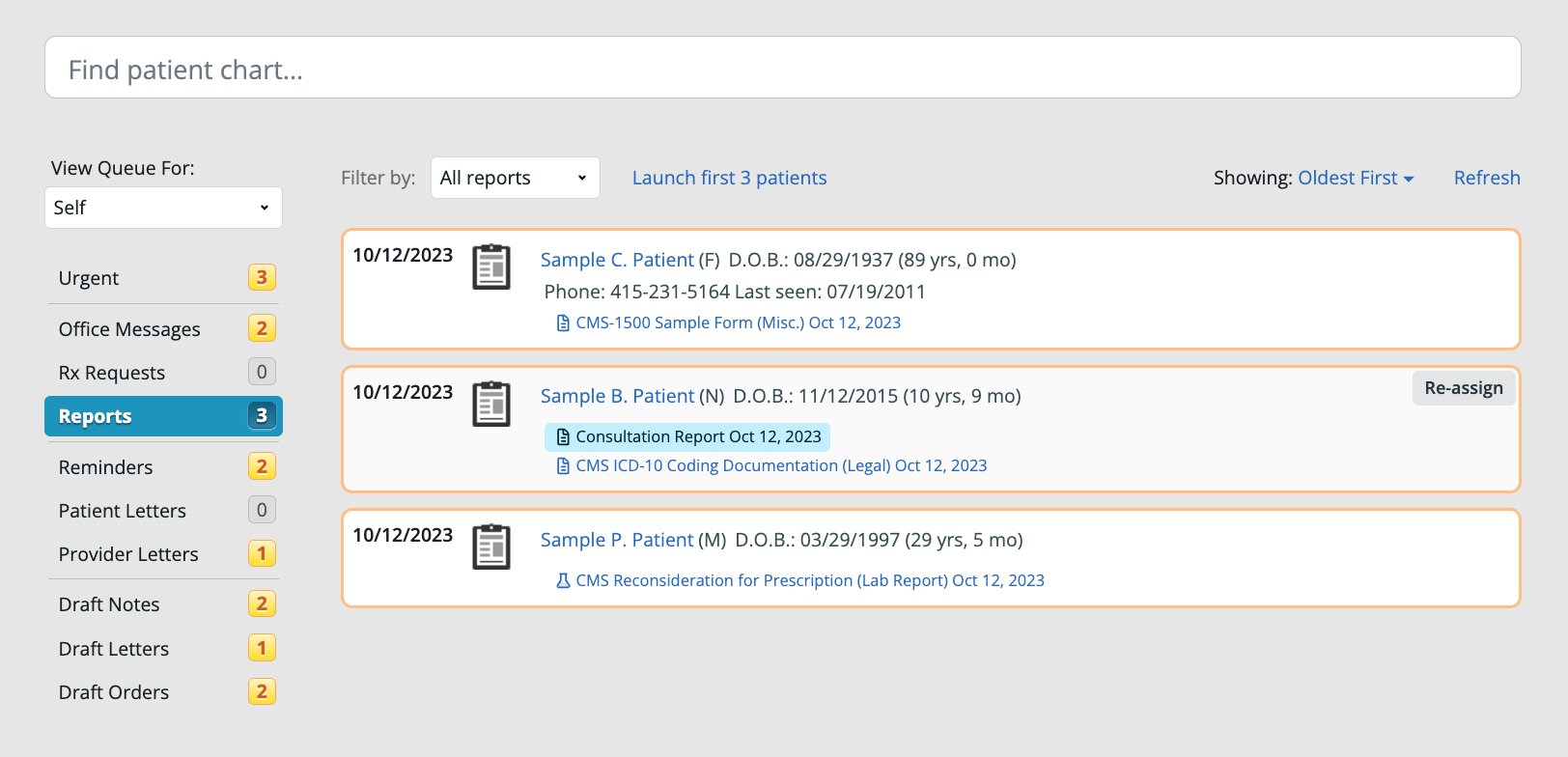 Reports queue in Practice Home showing three patients, each with a separate report link below their name — for example, Sample B. Patient's name opens the patient chart, while the Consultation Report Oct 12, 2023 link opens the report itself.