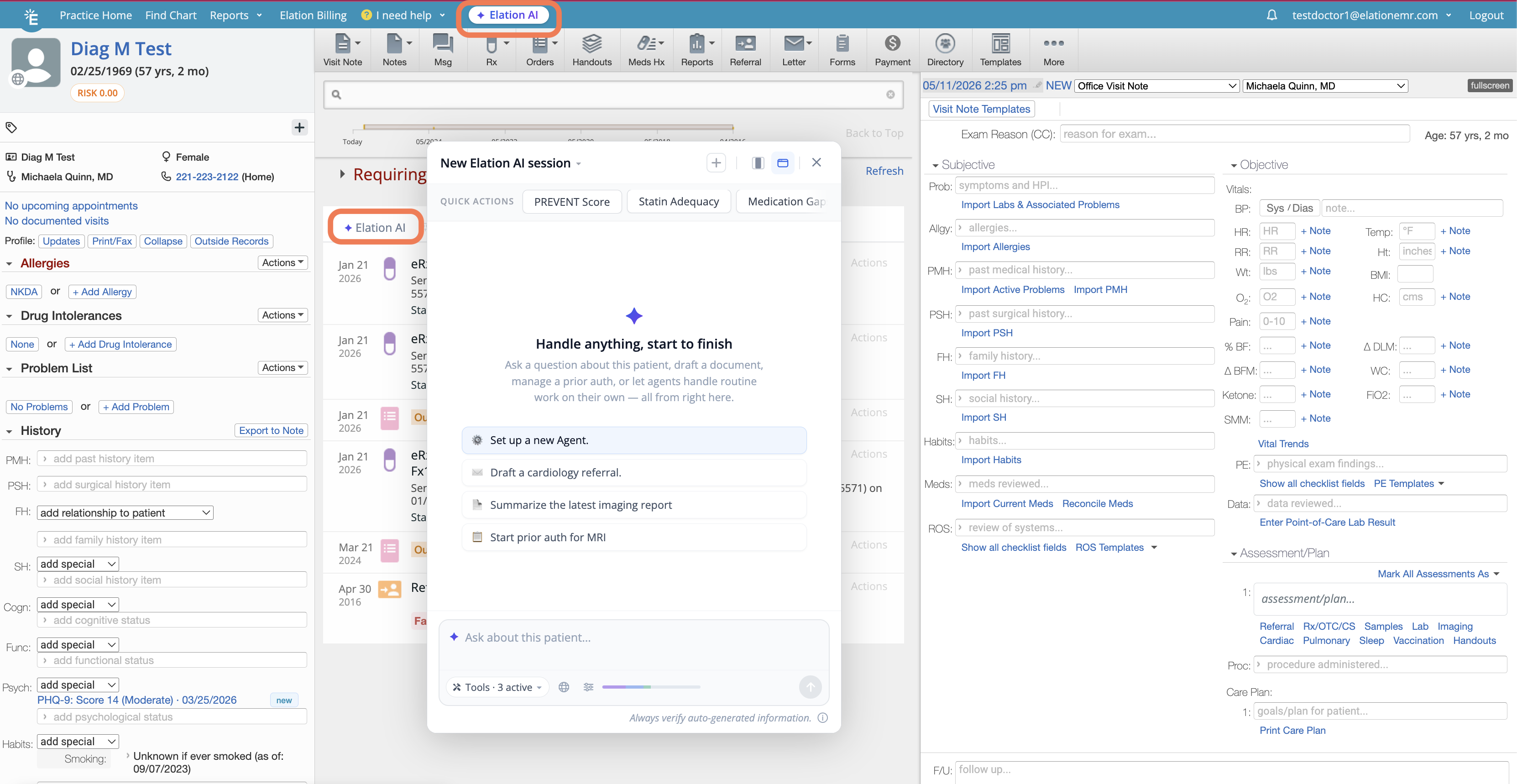 Elation AI button highlighted in the top navigation bar and in the middle pane, with the New Elation AI session panel open showing Quick Actions and example prompts.