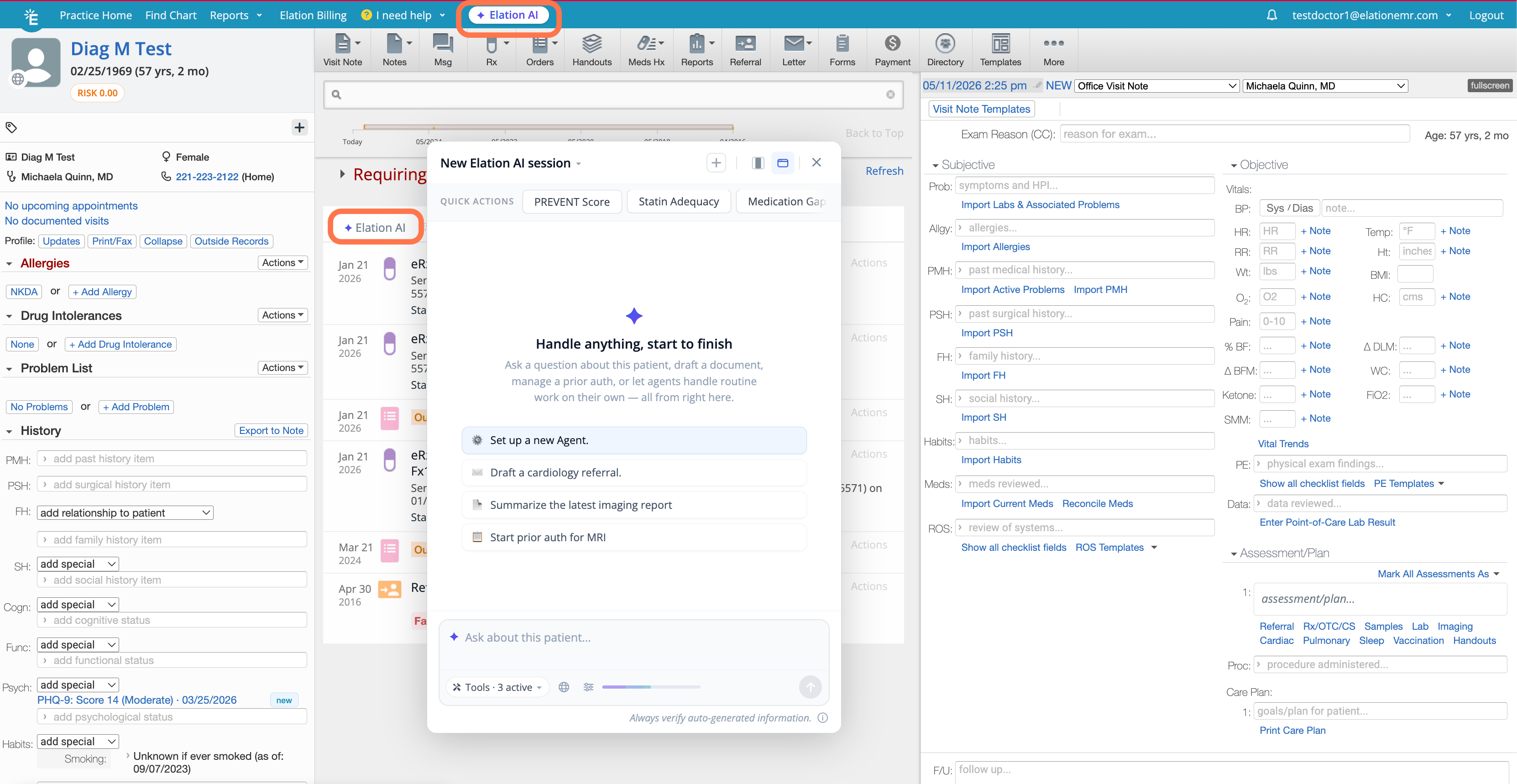 Elation AI button highlighted in the top navigation bar and in the middle pane, with the New Elation AI session panel open showing Quick Actions and example prompts.