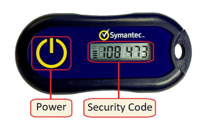 Symantec hardware key fob with the power button and 6-digit security code display (showing 108 473) labeled.