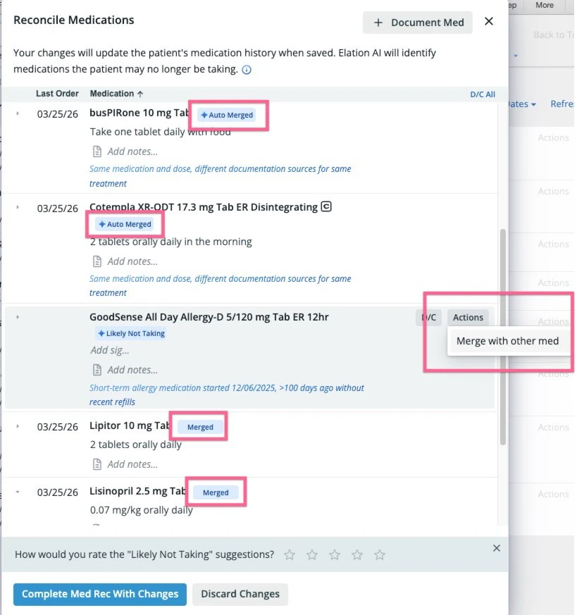 Medication reconciliation view showing automatically merged medication threads