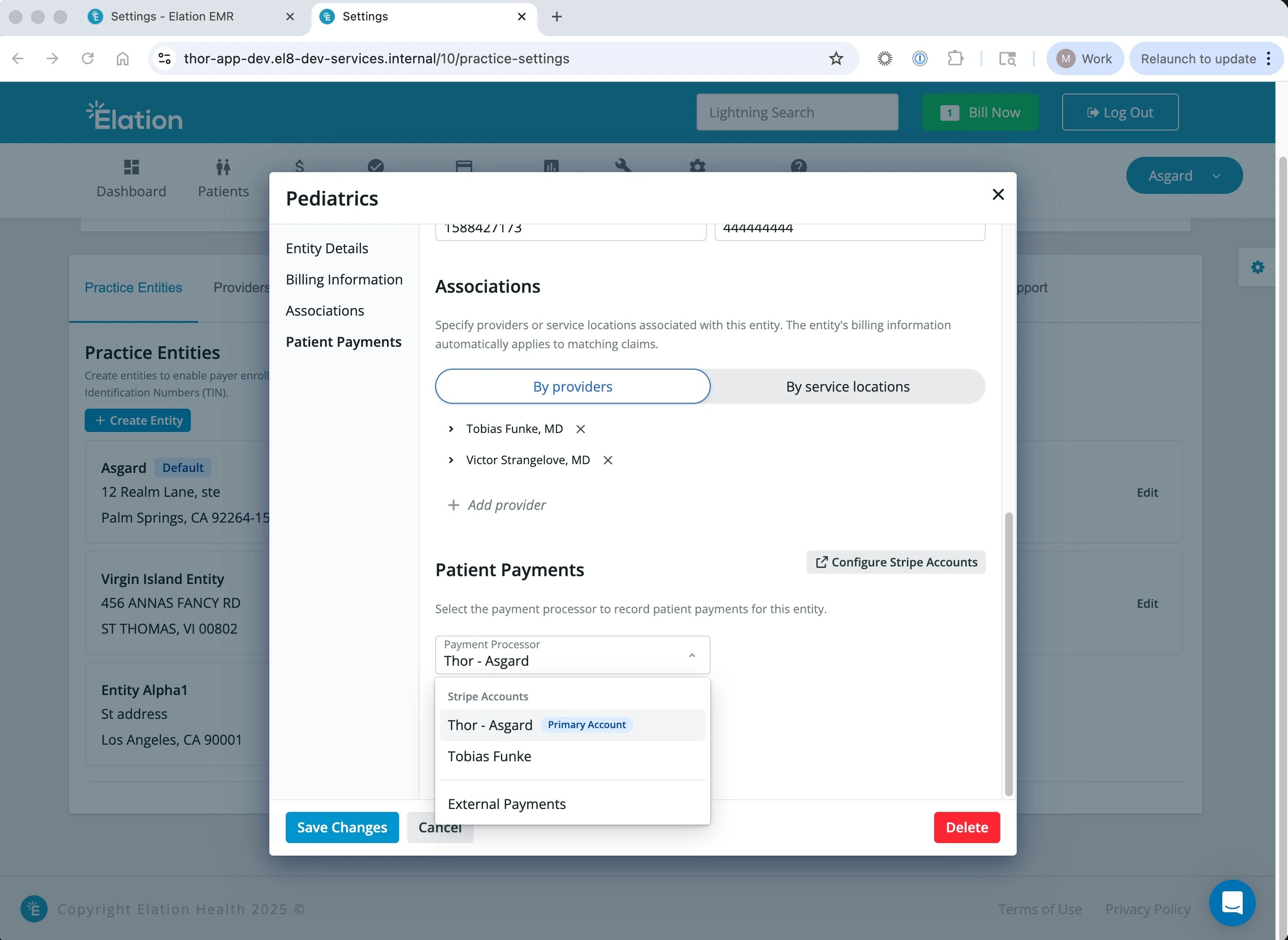 Detail view of a Stripe account configuration linked to a specific billing entity