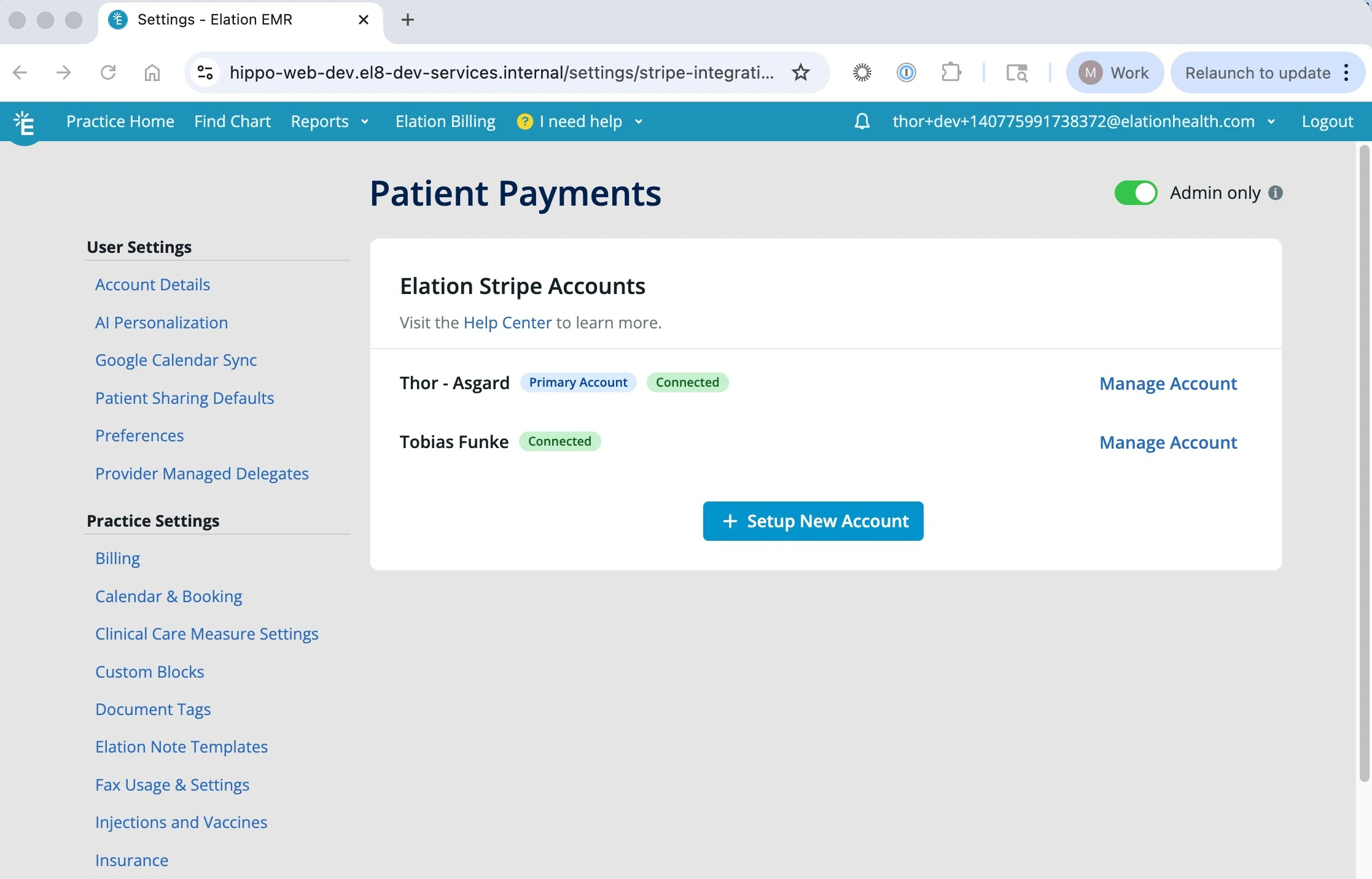 Settings list showing multiple connected Stripe accounts mapped to billing entities