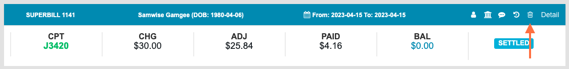 On the Payment, in the Superbill's info ribbon, click the Trashcan to the left of the Detail button