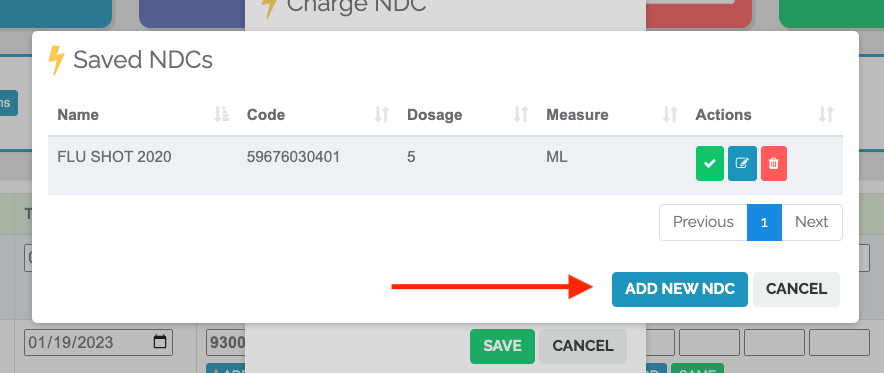 Add New NDC is located at the bottom of the pop-up, after the list of NDCs and the list navigation buttons.