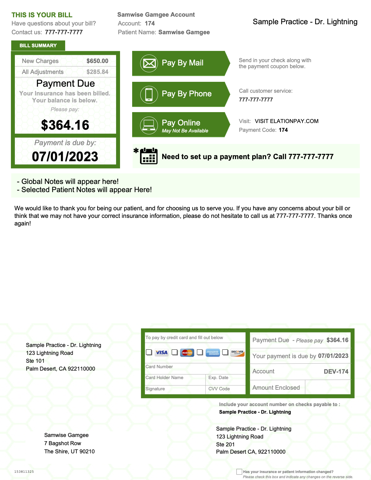 Statement Page 1 - it offers a generalized overview of the Statement Amounts, Adjustments, and Due Date, and methods by which to pay - mail, phone, and online. Global and Selected Patient Notes will also be present.