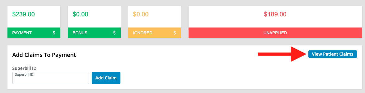 View Patient Claims is found in the upper-right of the Add Claims To Payment box