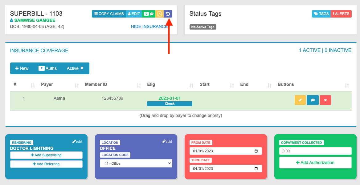 On a Superbill, the Claim History button is towards the top-center of the page, on the upper-right corner of the Superbill Info panel, preceded by Files.