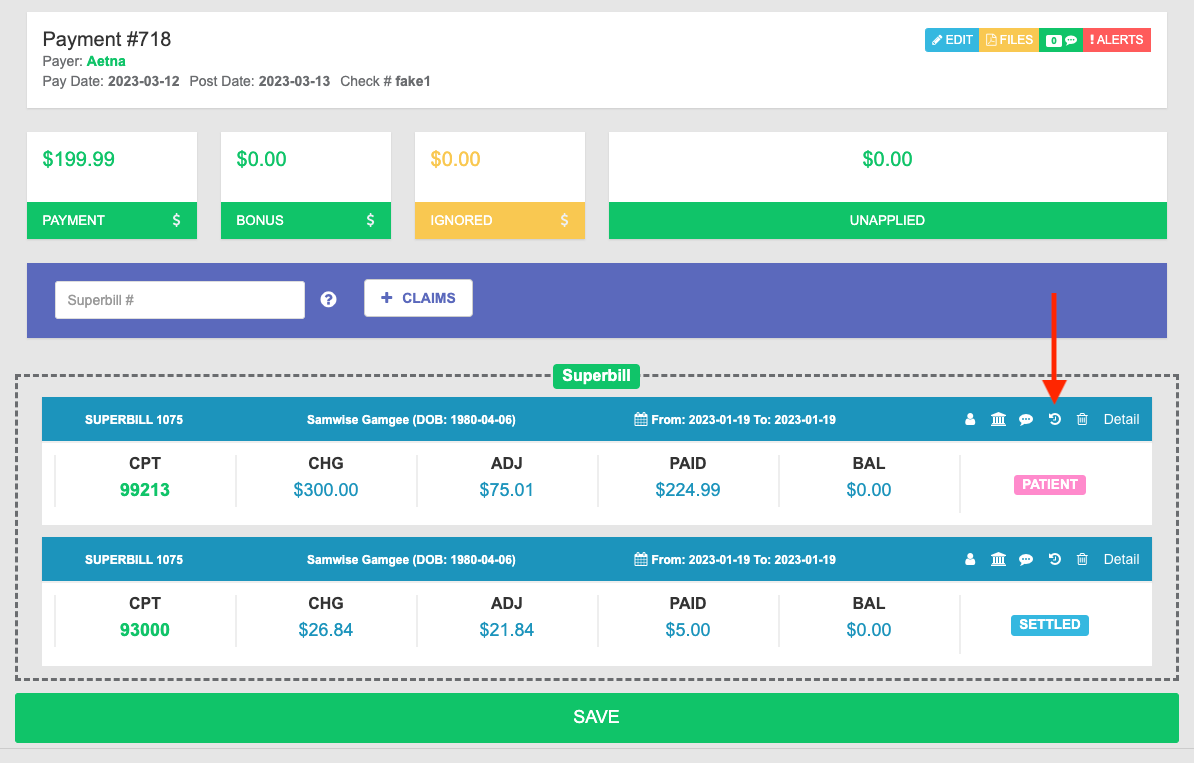 Payment Page Alt Text: on a Payment, the Claim History button is found in the Superbill information line, preceded by Notes and followed by Delete.