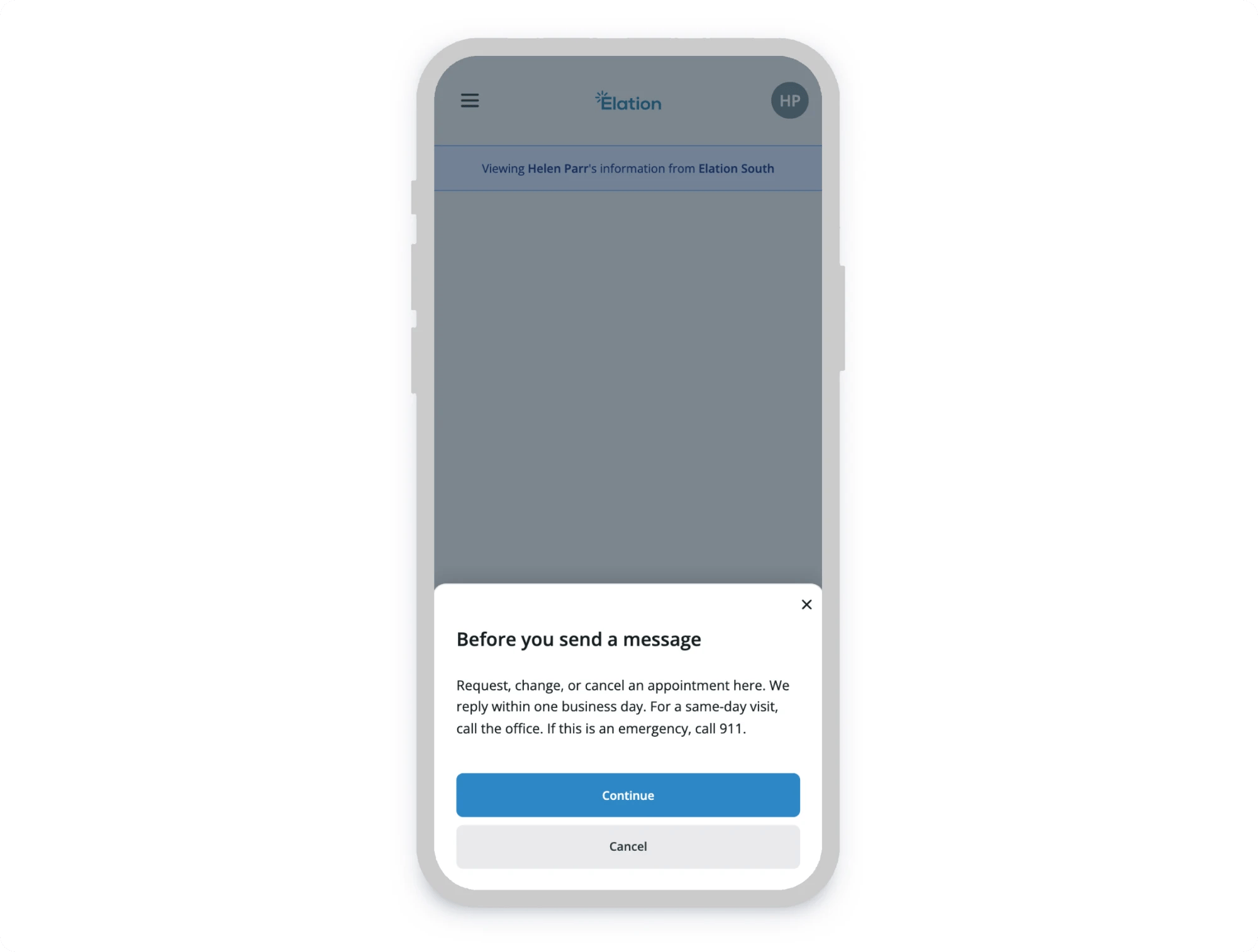 The "Before you send a message" dialog in Passport on a phone, showing the practice's custom appointment guidance as a short paragraph above Continue and Cancel buttons.