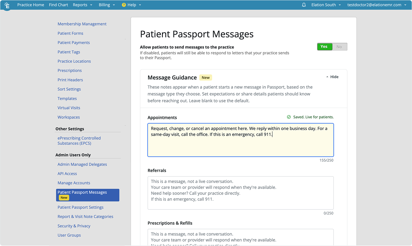 The Appointments message type with custom guidance typed in, a character count reading 155 of 250, and a "Saved. Live for patients." confirmation beside the message type name.