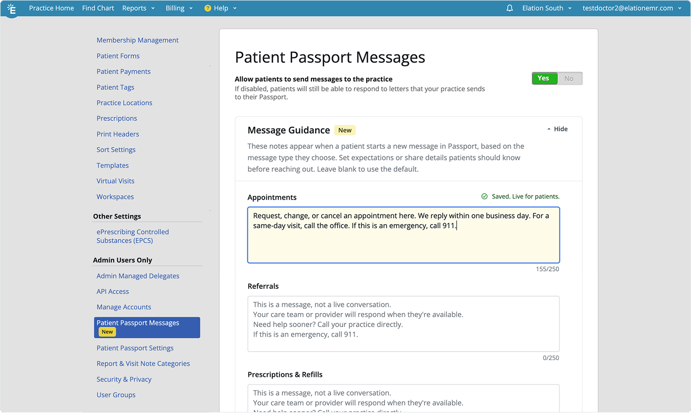The Appointments message type with custom guidance typed in, a character count reading 155 of 250, and a "Saved. Live for patients." confirmation beside the message type name.