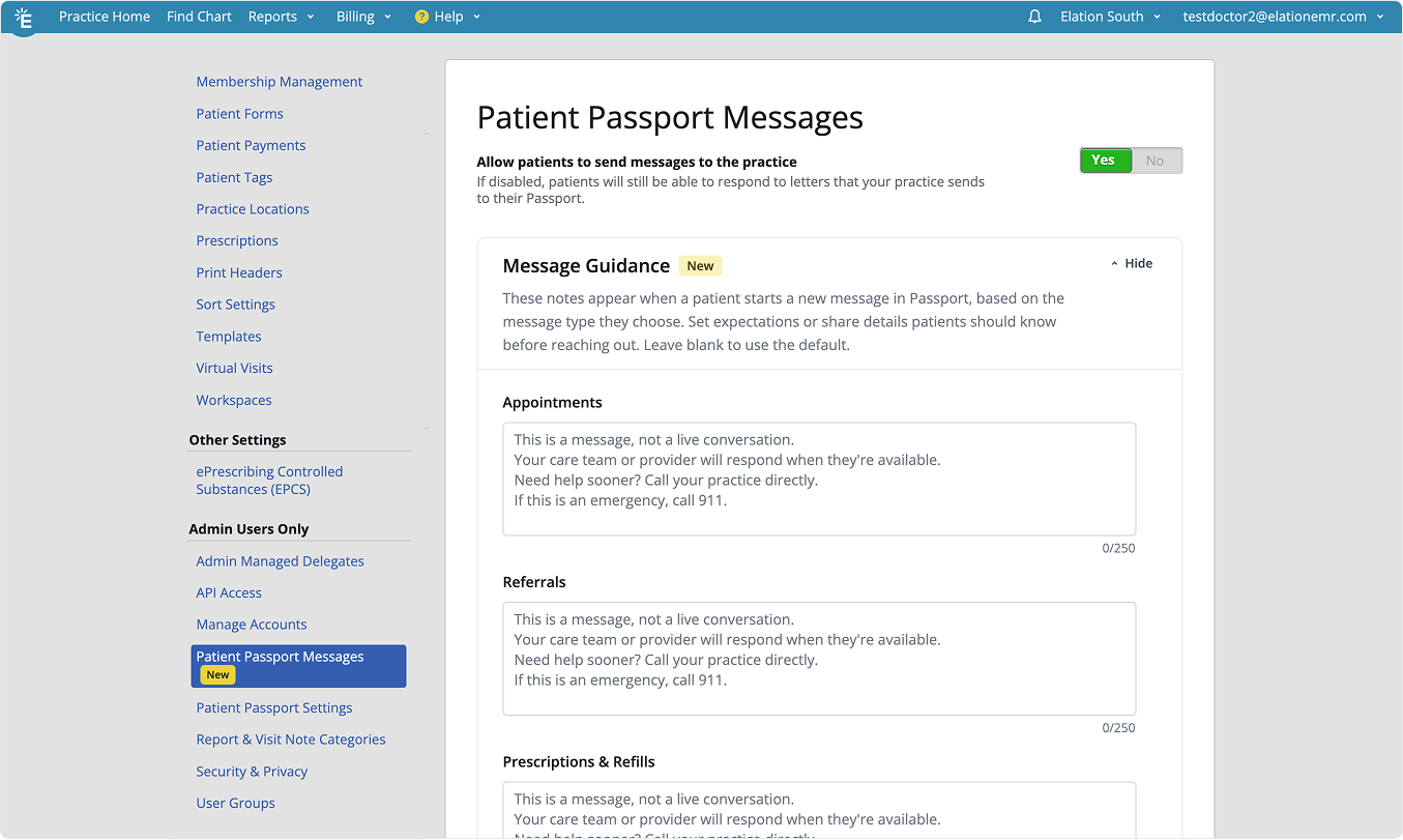 The Message Guidance section of Patient Passport Messages settings, expanded to show the Appointments, Referrals, and Prescriptions & Refills message types, each holding Elation's default guidance and a 0 of 250 character count.