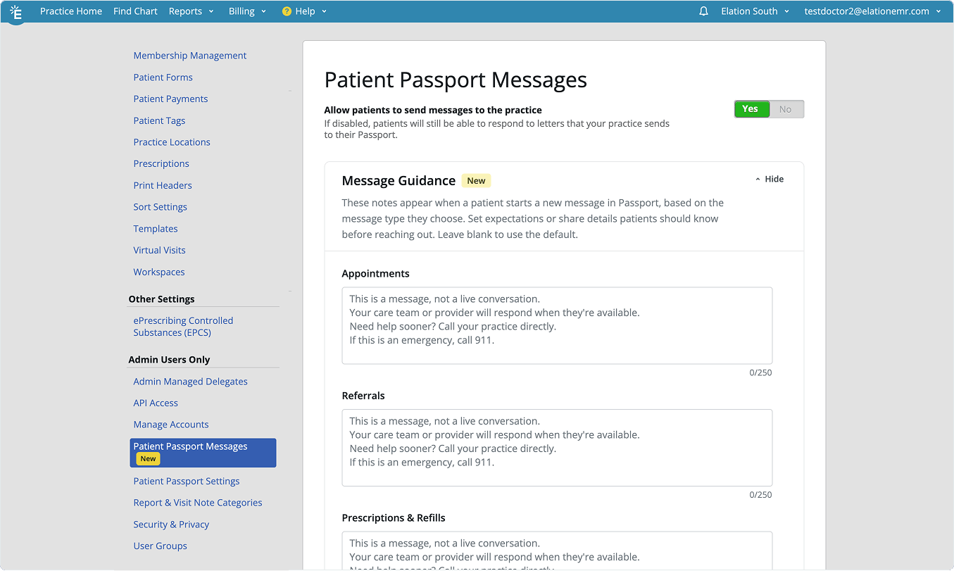 The Message Guidance section of Patient Passport Messages settings, expanded to show the Appointments, Referrals, and Prescriptions & Refills message types, each holding Elation's default guidance and a 0 of 250 character count.