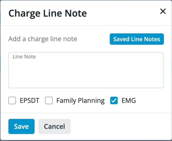Charge entry screen showing the EMG / Emergency Indicator attribute selected on a charge line