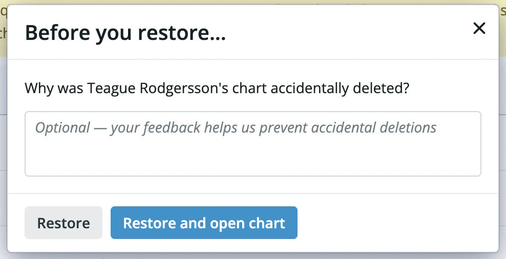 The "Before you restore..." dialog with an optional feedback field and Restore / Restore and open chart buttons
