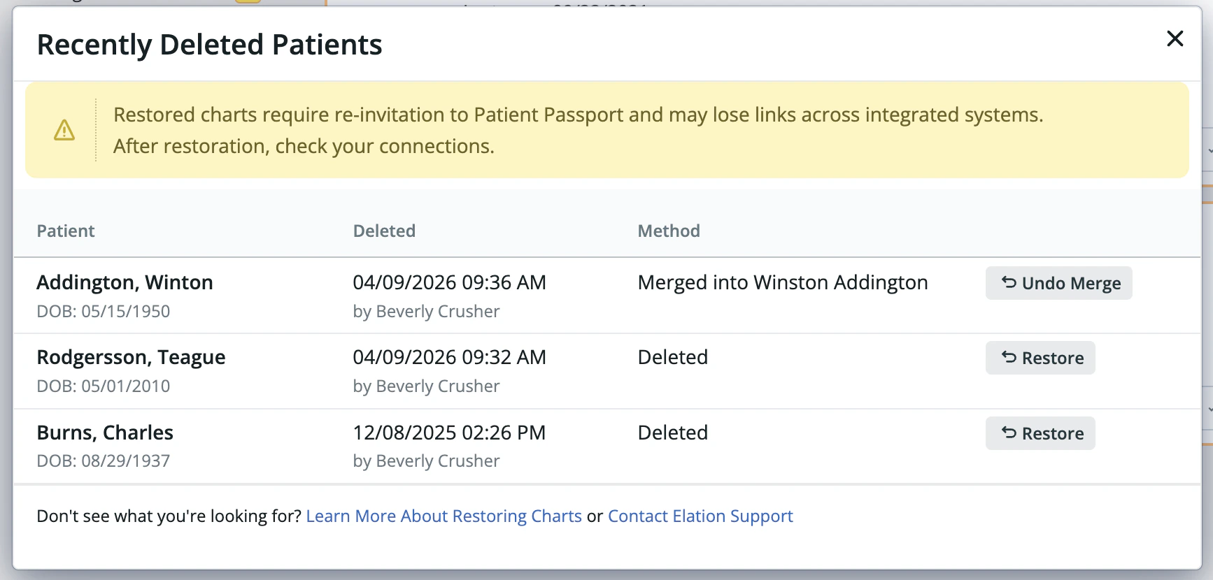 The Recently Deleted Patients dialog showing patient rows with Restore and Undo Merge buttons