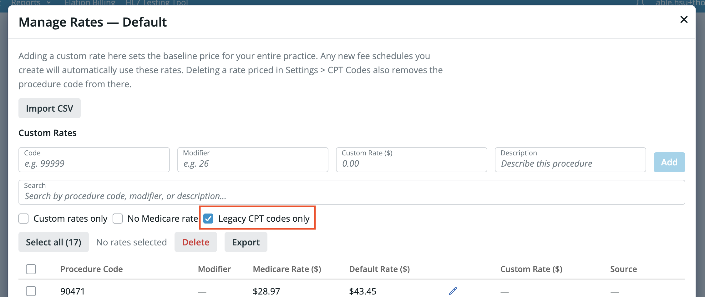 Filtering for Legacy CPT Codes in the Manage Rates dialog for Fee Schedules