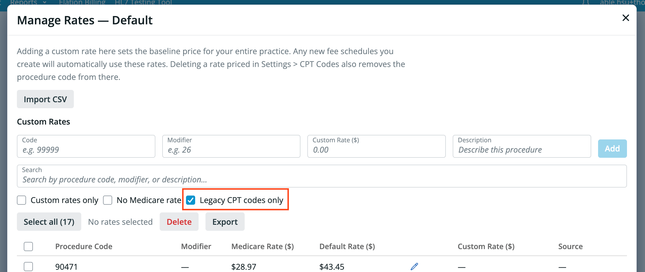 Filtering for Legacy CPT Codes in the Manage Rates dialog for Fee Schedules