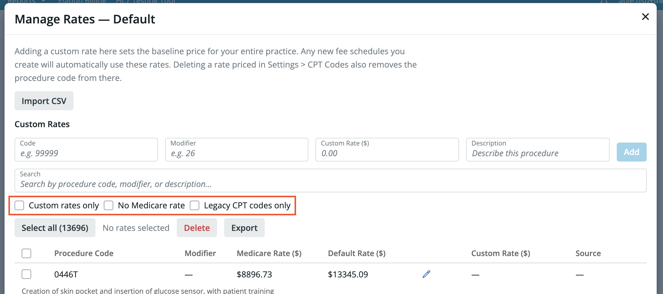 Filters available in the Manage Rates dialog for Fee Schedules