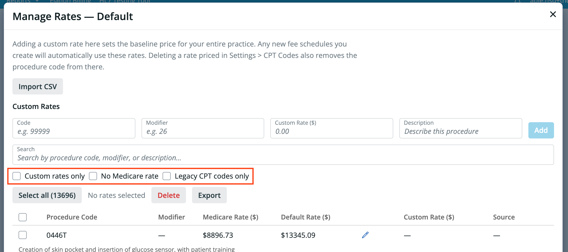 Filters available in the Manage Rates dialog for Fee Schedules