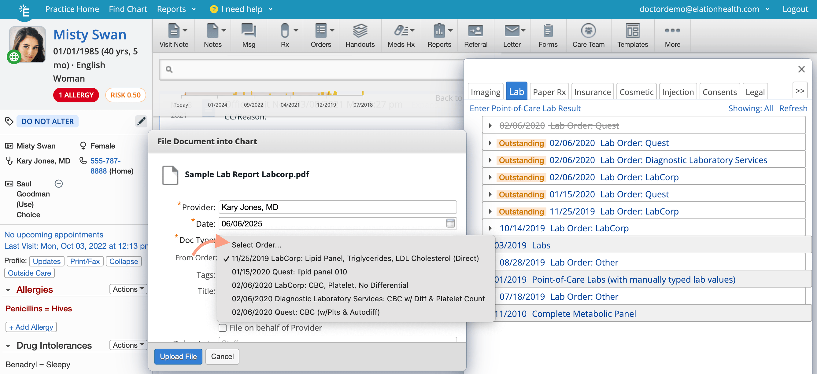 "File Document into Chart" dialog with the "From Order" dropdown open, showing selectable lab orders including a checked "11/25/2019 LabCorp: Lipid Panel, Triglycerides, LDL Cholesterol" option and four additional unselected orders.