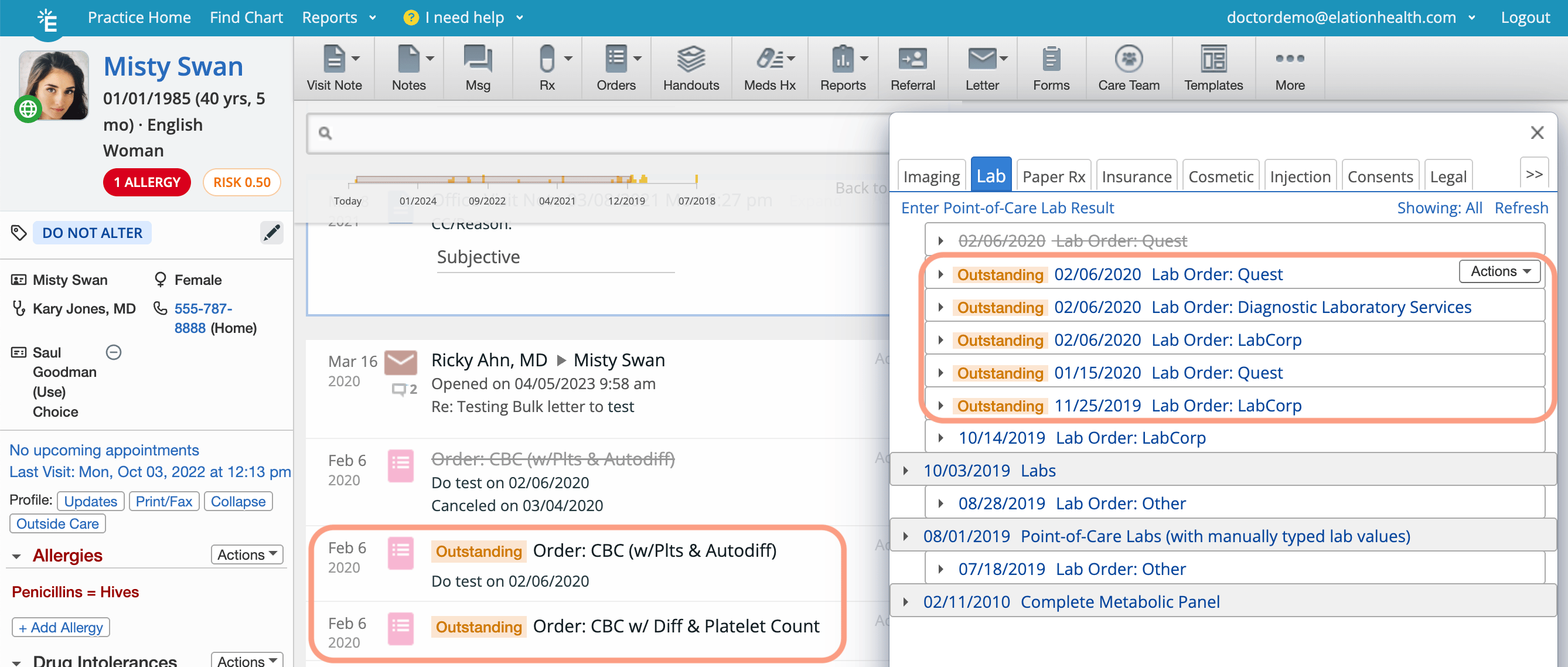 Lab tab in the Reports dialog showing five lab orders dated 02/06/2020 through 11/25/2019 marked "Outstanding" in orange, highlighted to show how unfulfilled orders appear in the chart.