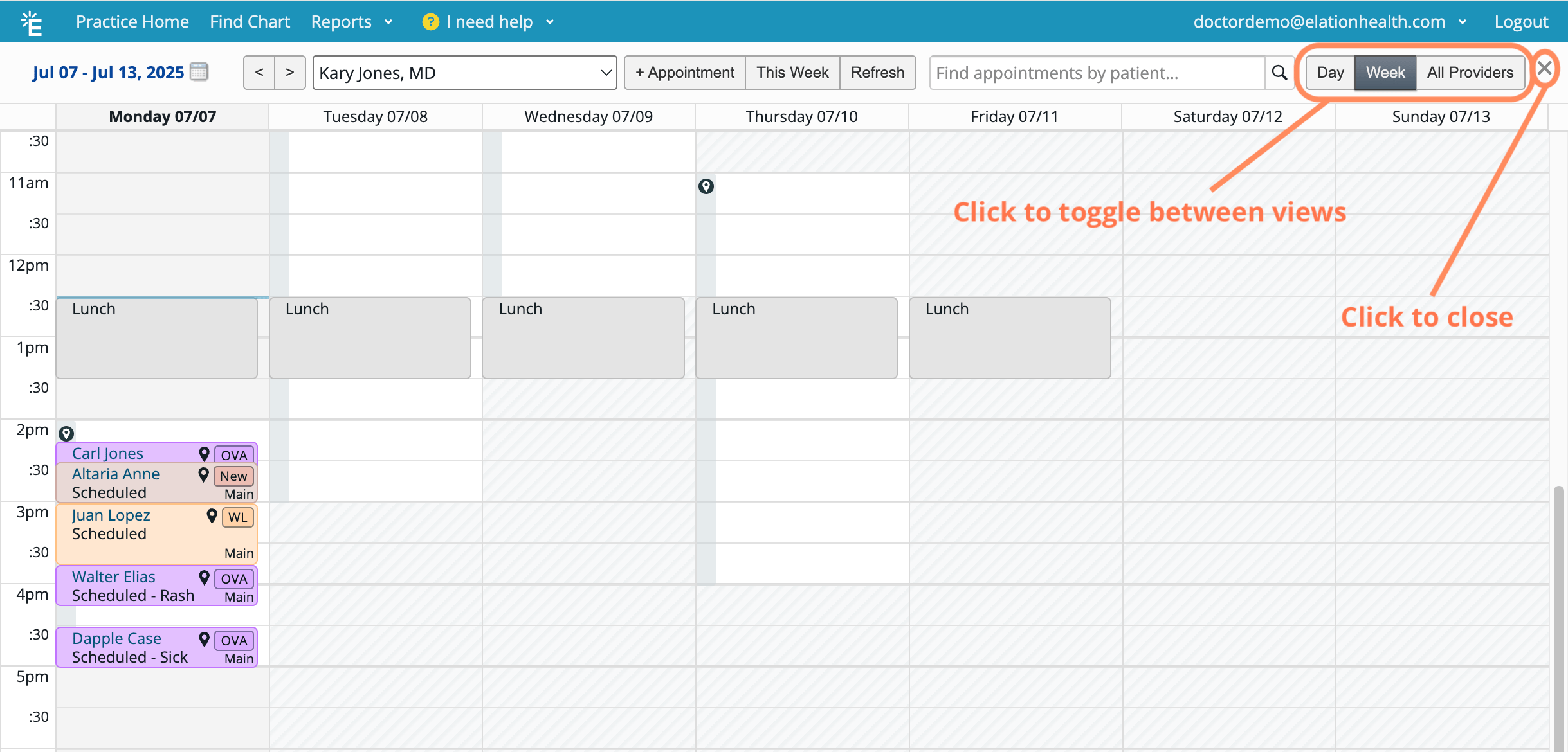 Expanded View calendar for week of Jul 7–13, 2025 showing Kary Jones, MD's schedule. Arrows point to the Day/Week/All Providers toggle buttons and the X close button in the top-right corner.