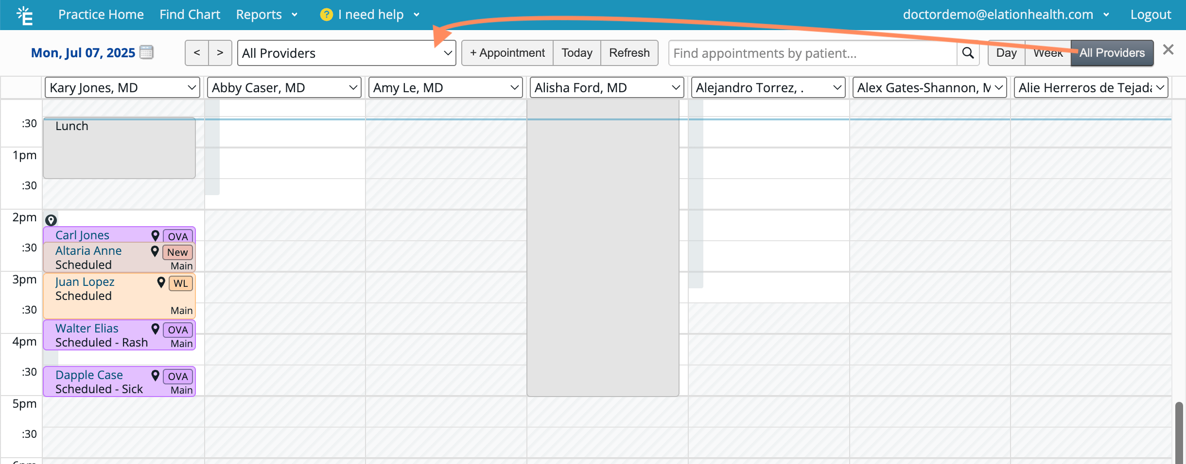 Expanded View of the Calendar showing "All Providers" selected, with multiple provider columns displayed side by side for Monday, July 7, 2025. An arrow points to the provider filter dropdown in the toolbar.