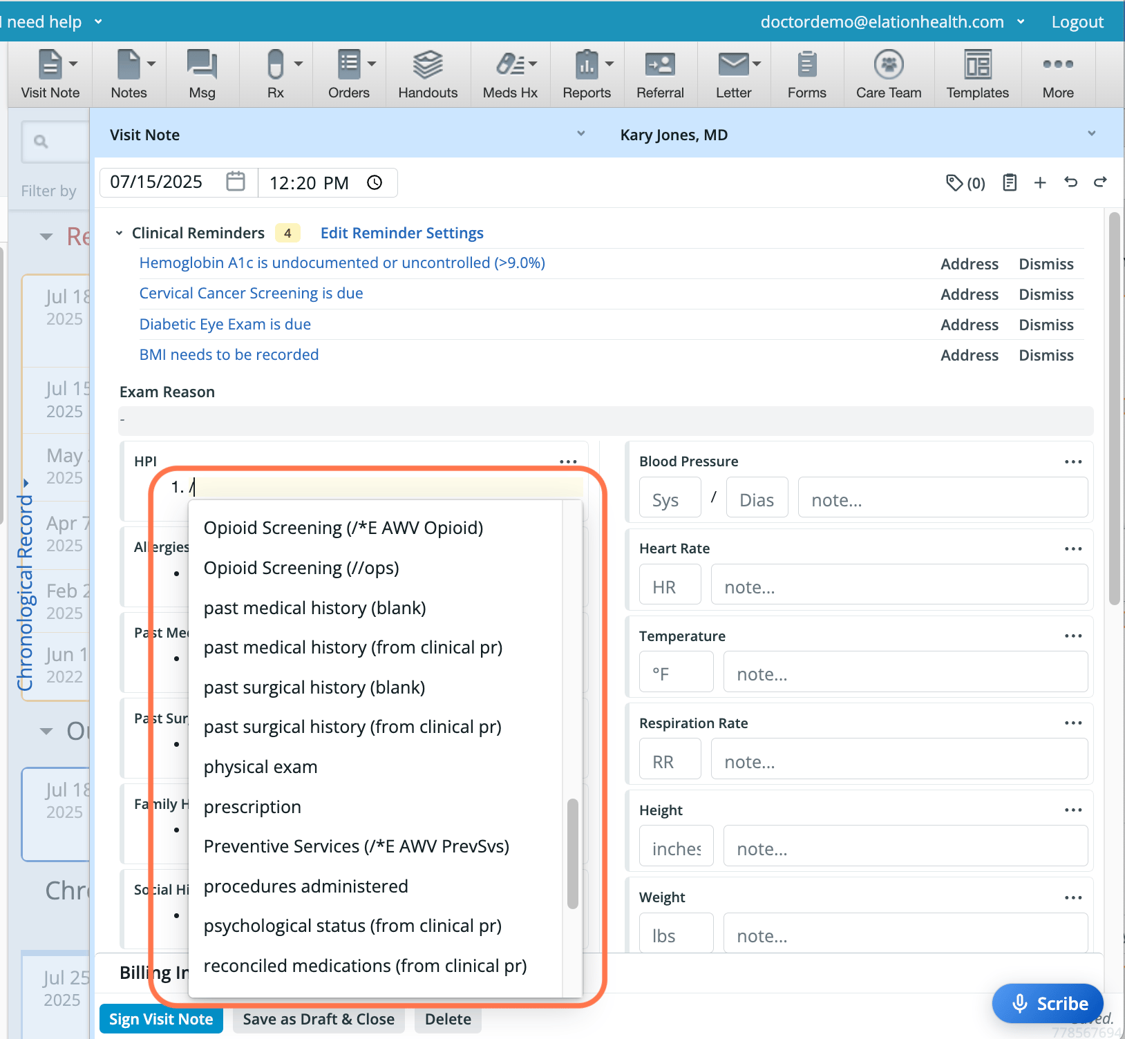 Slash command dropdown in the HPI field showing available blocks to add, including options like physical exam, past medical history, reconciled medications, and prescription.