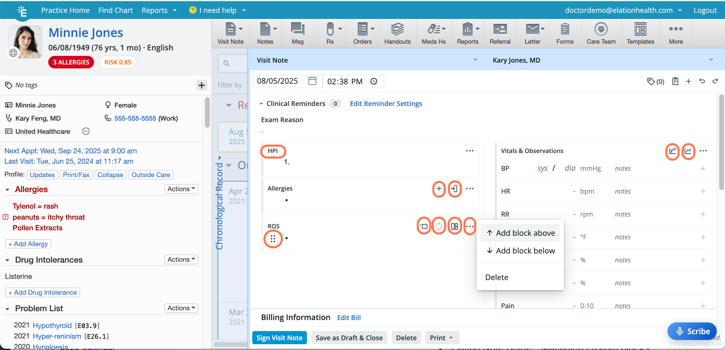Visit note with the ROS block's More Actions menu open, showing "Add block above," "Add block below," and "Delete" options. The Grid and More Actions icons on multiple blocks are circled for reference.