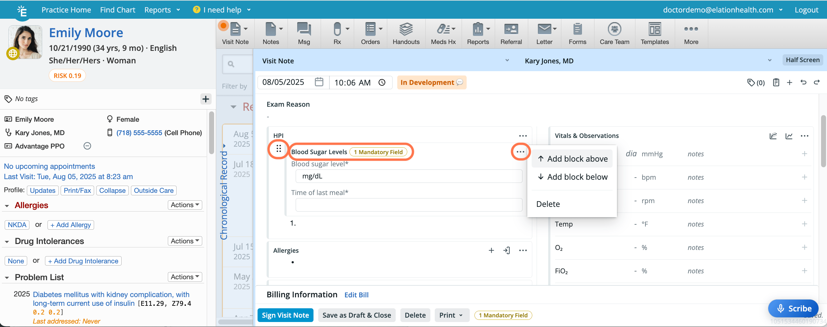 Visit note HPI section showing a "Blood Sugar Levels" custom block with a "1 Mandatory Field" badge highlighted, and the block's three-dot menu open displaying "Add block above," "Add block below," and "Delete" options.