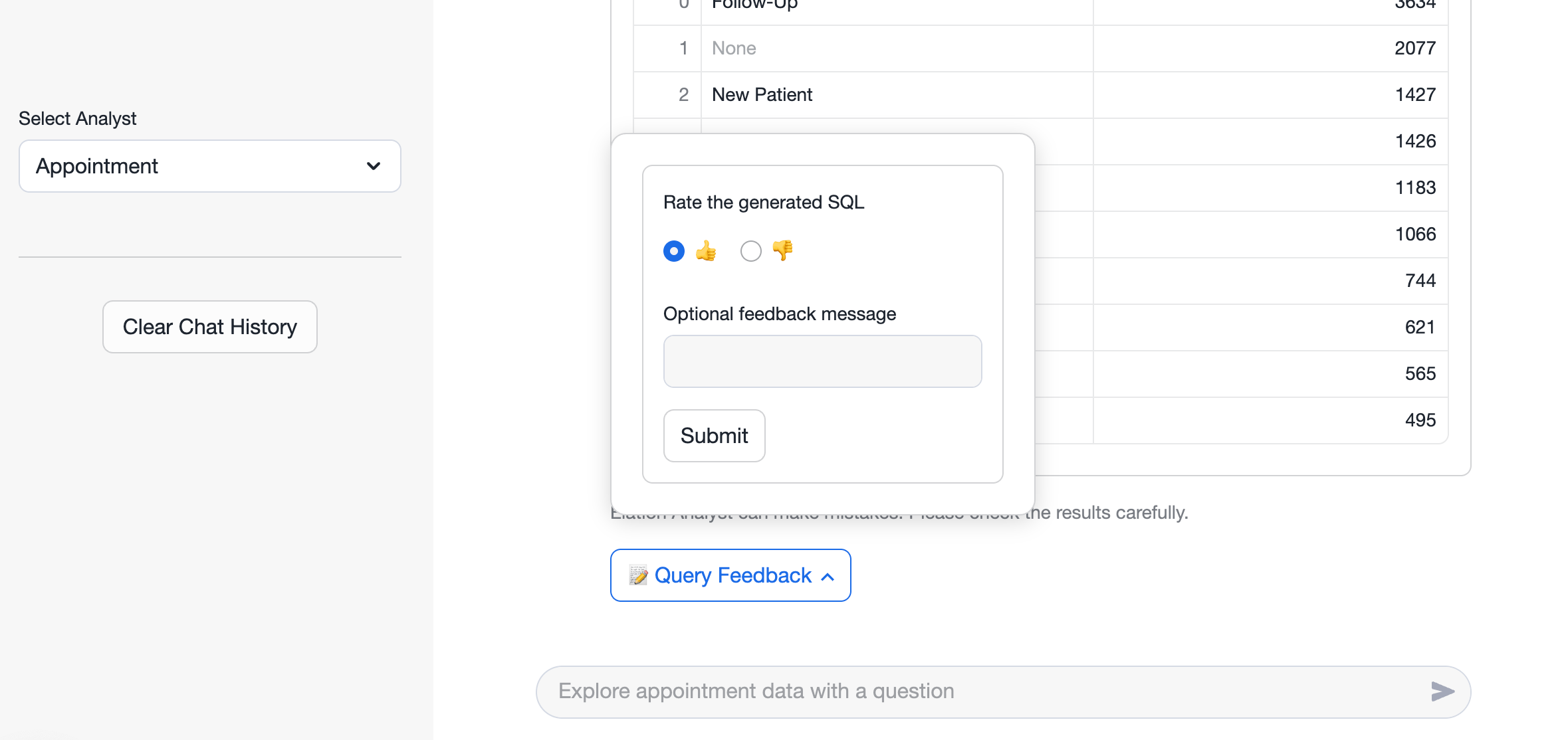 Query Feedback panel expanded showing thumbs up selected, an optional feedback message field, and a Submit button, overlaying appointment type results data.