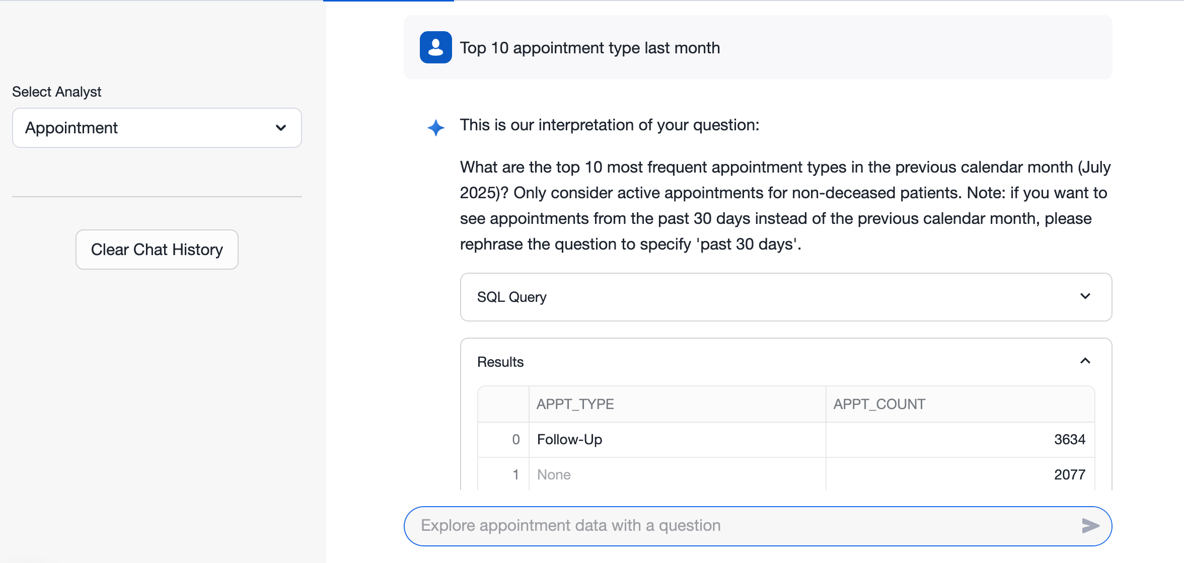 Elation Analyst chat showing the query "Top 10 appointment type last month" with AI interpretation for July 2025, SQL Query section, and Results table with Follow-Up (3,634) and None (2,077) as top appointment types.