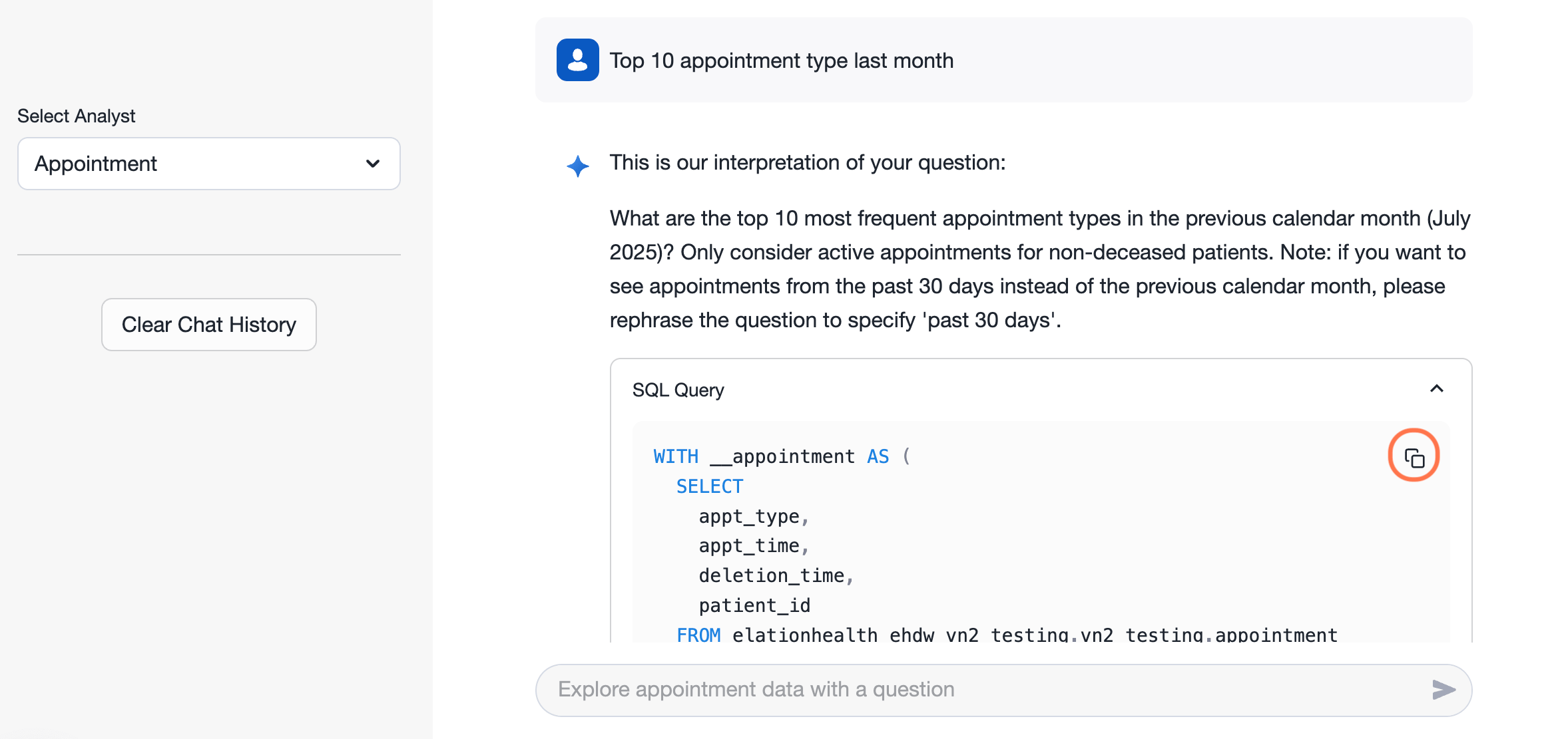 Elation Analyst chat showing the query "Top 10 appointment type last month" with the AI interpretation and an expanded SQL Query panel. The copy icon in the top-right corner of the SQL panel is highlighted with an orange circle.