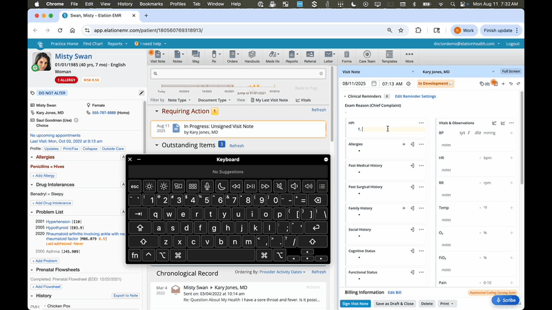 Elation Note draft open on the right side of the chart, with an on-screen keyboard visible, and the cursor active in the HPI text field ready for typing.