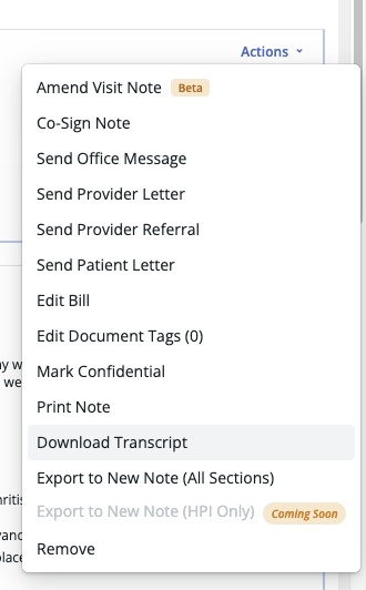 Actions menu on an Elation Note showing the Download Transcript option