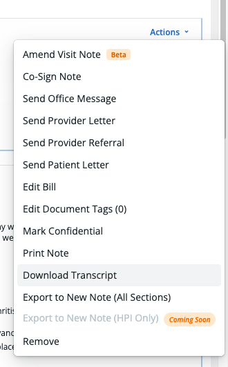 Actions menu on an Elation Note showing the Download Transcript option