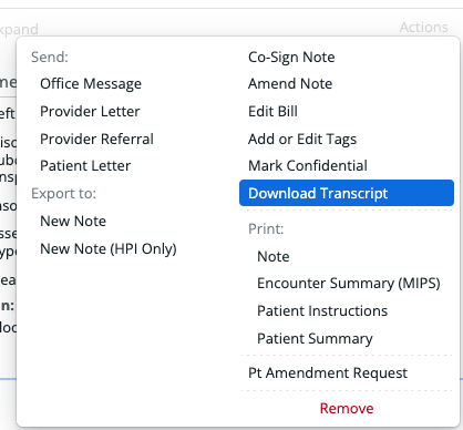 Actions menu on a legacy visit note showing the Download Transcript option