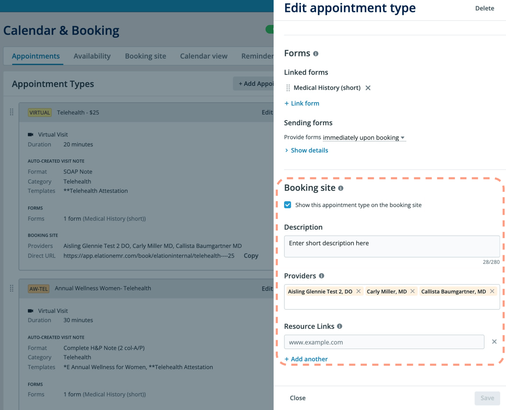 Edit Appointment Type panel open, showing the Booking site section highlighted with a dashed border. "Show this appointment type on the booking site" checkbox is checked, and three providers are selected: Aisling Glennie Test 2 DO, Carly Miller MD, and Callista Baumgartner MD.