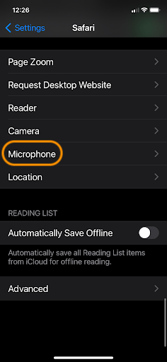 iOS Safari Settings screen with Microphone option highlighted, showing Page Zoom, Request Desktop Website, Reader, Camera, Microphone, and Location settings.