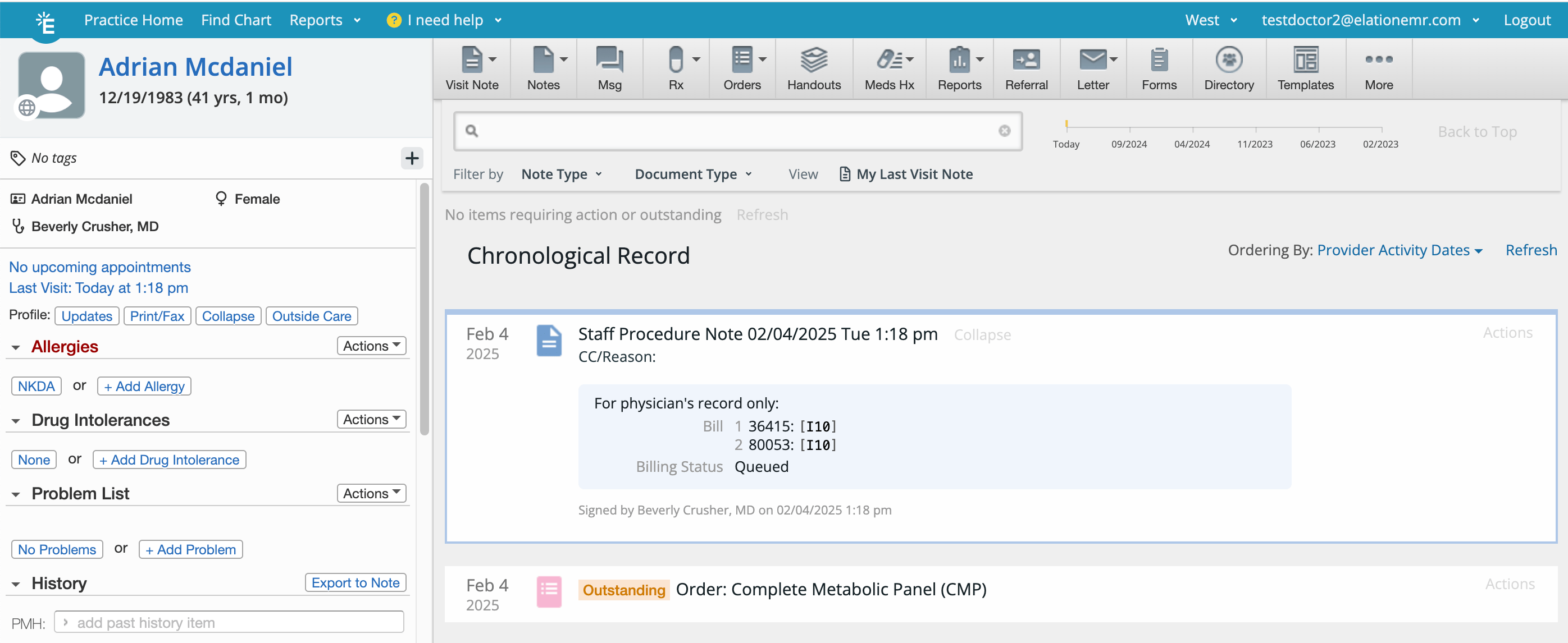 Patient chart showing a Staff Procedure Note dated 02/04/2025 with billing codes 36415 and 80053 (both with diagnosis I10) and Billing Status: Queued, created automatically by a Lab Coding Template.
